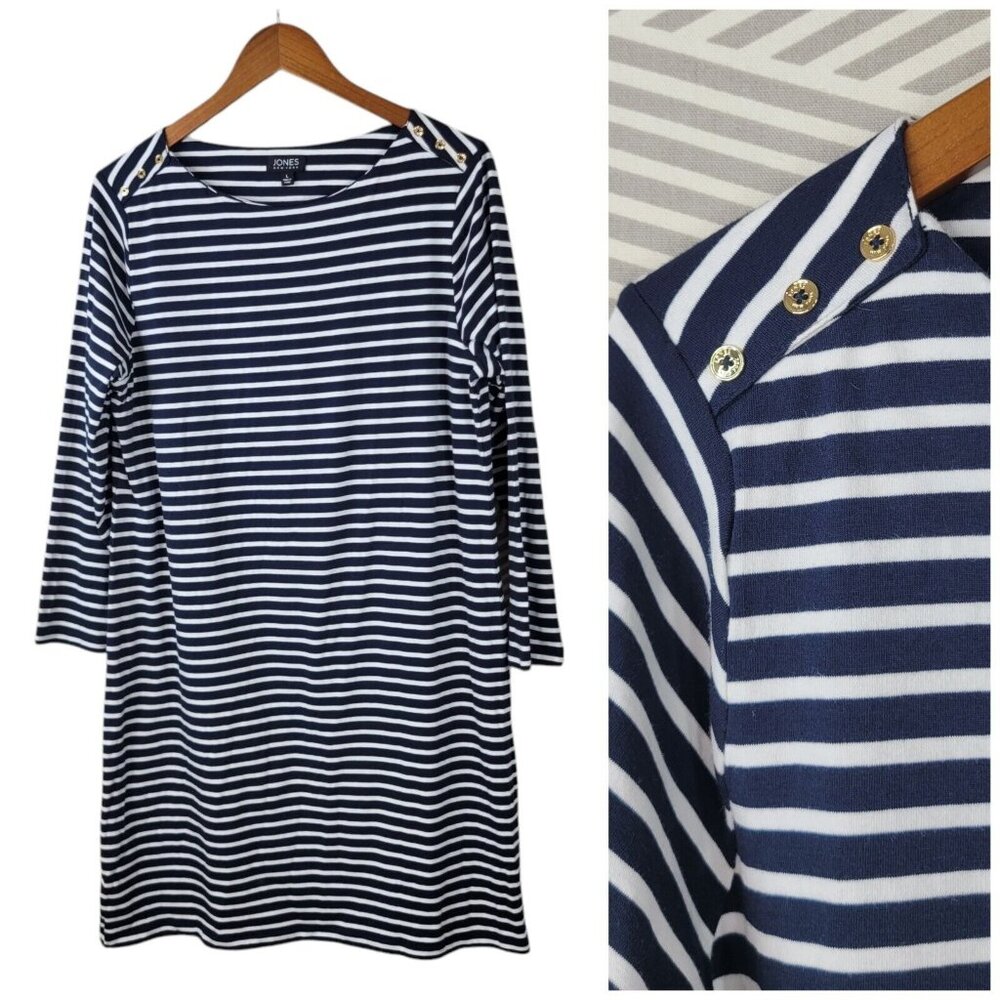 Jones NY Shirt Dress Size Large Navy Blue Stripe Casual Below Knee Casual